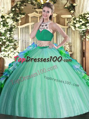 Best Multi-color Ball Gowns High-neck Sleeveless Tulle Floor Length Backless Beading and Ruffles Ball Gown Prom Dress