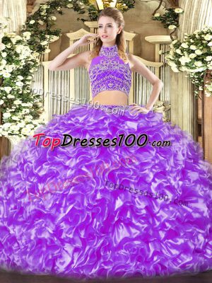 Discount Lavender Sleeveless Beading and Ruffles Floor Length Ball Gown Prom Dress