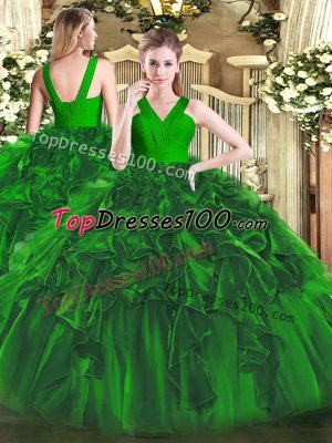 Most Popular Dark Green Sleeveless Floor Length Ruffles Zipper 15th Birthday Dress
