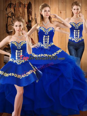 Top Selling Sleeveless Organza Floor Length Lace Up Sweet 16 Dresses in Blue with Embroidery and Ruffles