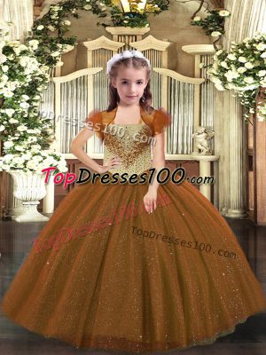 Brown Straps Neckline Beading Little Girl Pageant Gowns Sleeveless Lace Up