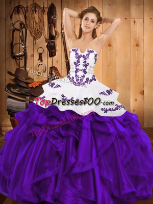 Satin and Organza Strapless Sleeveless Lace Up Embroidery and Ruffles Quinceanera Dresses in Purple