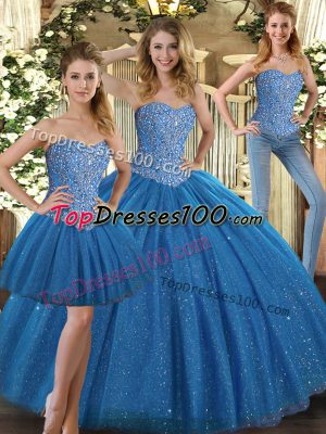 Beautiful Floor Length Lace Up Quinceanera Dresses Teal for Military Ball and Sweet 16 and Quinceanera with Beading