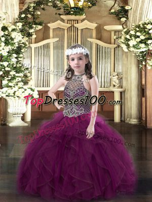 Purple Ball Gowns Halter Top Sleeveless Organza Floor Length Lace Up Beading and Ruffles Party Dress for Toddlers