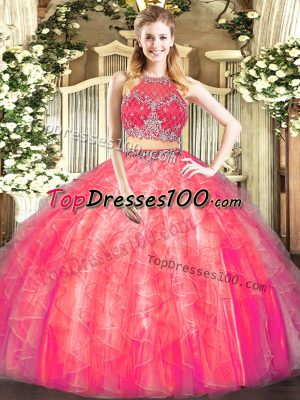 Coral Red Zipper Quinceanera Gown Beading and Ruffles Sleeveless Floor Length