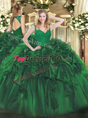 Sweet Sleeveless Organza Floor Length Backless Quinceanera Gown in Dark Green with Beading and Lace and Ruffles
