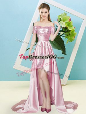 Short Sleeves Elastic Woven Satin and Sequined High Low Lace Up Dress for Prom in Pink with Sequins