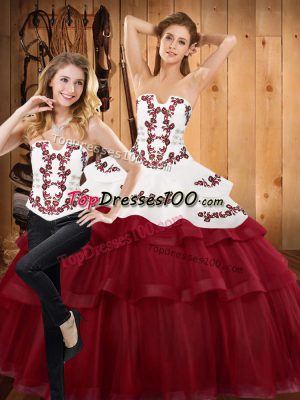Burgundy Sleeveless Sweep Train Embroidery and Ruffled Layers With Train 15 Quinceanera Dress