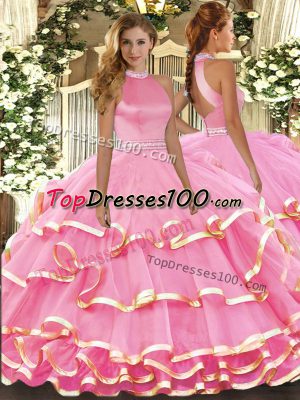 Sumptuous Watermelon Red Ball Gowns Organza Halter Top Sleeveless Beading and Ruffled Layers Floor Length Backless Quince Ball Gowns