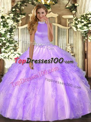 Lavender Halter Top Neckline Beading and Ruffles Sweet 16 Quinceanera Dress Sleeveless Backless