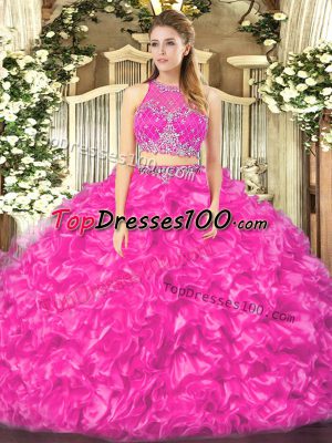 Fuchsia Zipper Scoop Beading and Ruffles Quinceanera Gown Organza Sleeveless