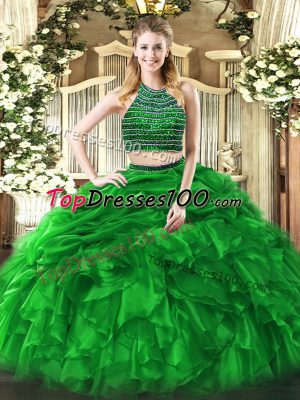 Inexpensive Green Vestidos de Quinceanera Military Ball and Sweet 16 and Quinceanera with Beading and Ruffles Halter Top Sleeveless Zipper