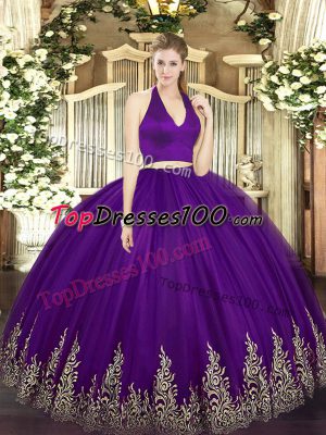 Traditional Sleeveless Floor Length Appliques Zipper 15th Birthday Dress with Dark Purple