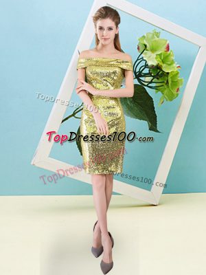 Flare Short Sleeves Mini Length Sequins Zipper Prom Gown with Yellow
