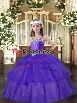 Perfect Straps Sleeveless Little Girls Pageant Dress Floor Length Beading and Ruffled Layers Purple Organza