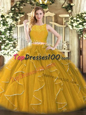 Fitting Gold Ball Gown Prom Dress Military Ball and Sweet 16 and Quinceanera with Lace and Ruffles Scoop Sleeveless Zipper