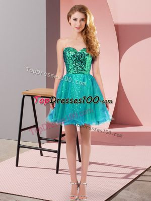 Teal Tulle Zipper Sweetheart Sleeveless Mini Length Prom Party Dress Sequins