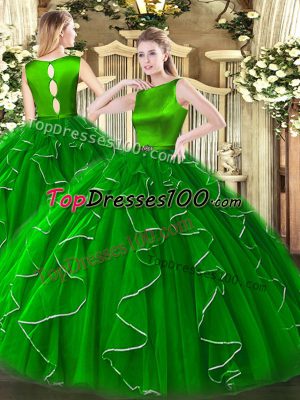 Elegant Sleeveless Organza Floor Length Clasp Handle 15th Birthday Dress in Green with Ruffles