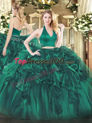 Dark Green Organza Zipper Quinceanera Dress Sleeveless Floor Length Ruffles
