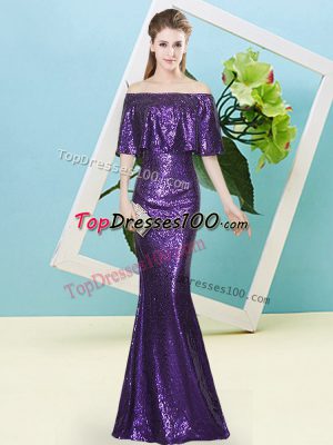 Floor Length Purple Prom Party Dress Sequined Half Sleeves Sequins