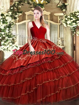 Most Popular Wine Red Sleeveless Floor Length Embroidery and Ruffled Layers Zipper Quinceanera Dresses