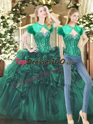 Fantastic Dark Green Tulle Lace Up Vestidos de Quinceanera Sleeveless Floor Length Beading and Ruffles