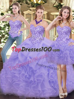 New Arrival Sleeveless Organza Floor Length Zipper Quinceanera Gowns in Lavender with Appliques and Ruffles