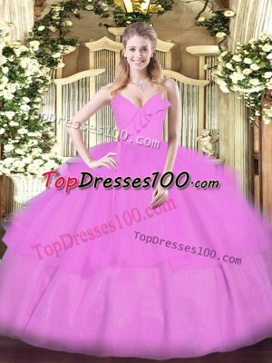 Lilac Ball Gowns Spaghetti Straps Sleeveless Organza Floor Length Zipper Ruffled Layers Vestidos de Quinceanera