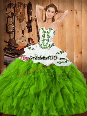 New Arrival Sleeveless Satin and Organza Floor Length Lace Up Quince Ball Gowns in with Embroidery and Ruffles