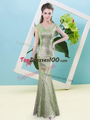 Captivating Floor Length Yellow Green Prom Evening Gown Sequined Cap Sleeves Sequins