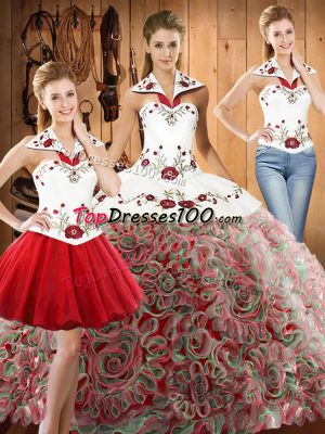 Great Fabric With Rolling Flowers Halter Top Sleeveless Lace Up Embroidery Sweet 16 Dress in Multi-color