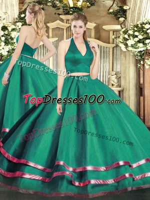 Beautiful Two Pieces Ball Gown Prom Dress Dark Green Halter Top Tulle Sleeveless Floor Length Zipper