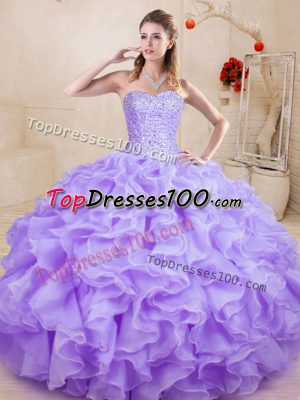Artistic Floor Length Lavender Sweet 16 Dress Organza Sleeveless Beading and Ruffles