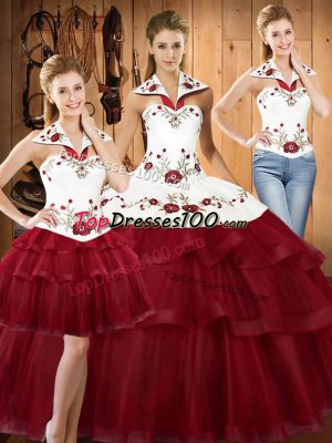 Embroidery and Ruffled Layers Sweet 16 Quinceanera Dress Wine Red Lace Up Sleeveless With Train Sweep Train
