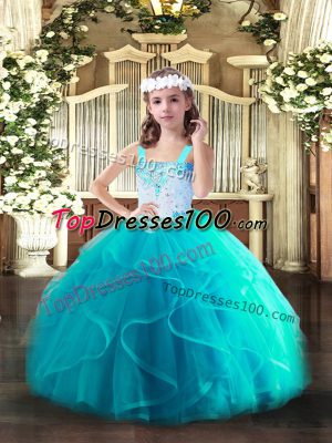 Straps Sleeveless Child Pageant Dress Floor Length Beading and Ruffles Aqua Blue Tulle