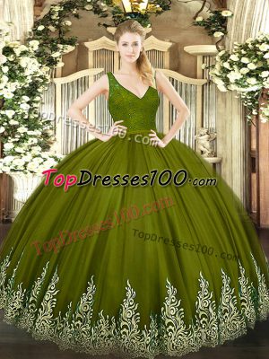 Custom Made Olive Green Sleeveless Floor Length Beading and Lace and Appliques Backless Quinceanera Dresses