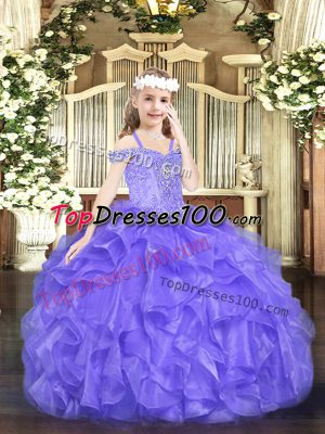 Floor Length Lavender Pageant Dress Womens Organza Sleeveless Beading and Ruffles