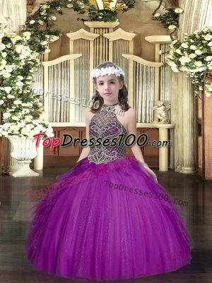 Tulle Halter Top Sleeveless Lace Up Beading and Ruffles Teens Party Dress in Purple