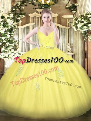 Modest Yellow Ball Gowns Appliques Quinceanera Dresses Zipper Tulle Sleeveless Floor Length