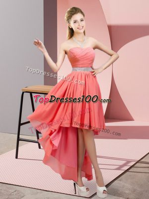 Lovely Watermelon Red Lace Up Bridesmaids Dress Beading Sleeveless High Low