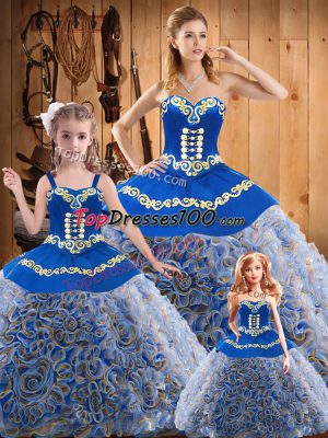 Unique Sleeveless Fabric With Rolling Flowers Sweep Train Lace Up Ball Gown Prom Dress in Multi-color with Embroidery