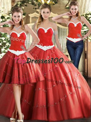 Sophisticated Coral Red Tulle Lace Up Ball Gown Prom Dress Sleeveless Floor Length Beading