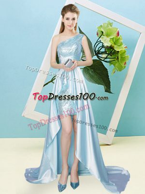 Shining Elastic Woven Satin and Sequined Sleeveless High Low Dress for Prom and Sequins