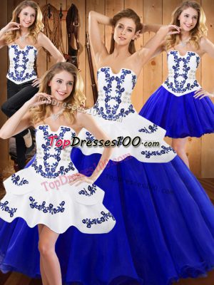 Royal Blue Tulle Lace Up Strapless Sleeveless Floor Length Quinceanera Dress Embroidery