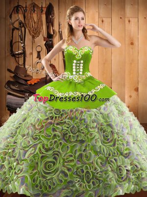 Excellent Sleeveless With Train Embroidery Lace Up 15 Quinceanera Dress with Multi-color Sweep Train