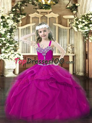 Affordable Fuchsia Straps Neckline Beading and Ruffles Child Pageant Dress Sleeveless Lace Up