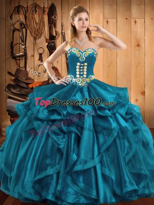 Teal Sleeveless Organza Lace Up Quinceanera Gowns for Military Ball and Sweet 16 and Quinceanera