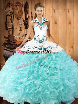 Aqua Blue Fabric With Rolling Flowers Lace Up Halter Top Sleeveless Floor Length Quinceanera Gown Embroidery