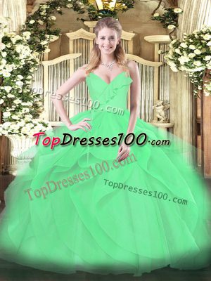 Inexpensive Floor Length Green Quince Ball Gowns Tulle Sleeveless Ruffles and Ruching