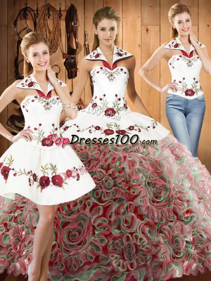 Popular Halter Top Sleeveless Sweet 16 Dresses Sweep Train Embroidery Multi-color Fabric With Rolling Flowers